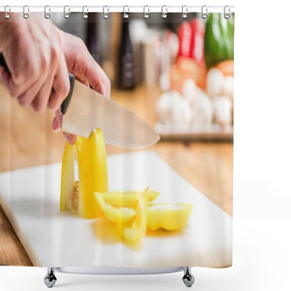Personality  Cropped Image Of Chef Cutting Yellow Bell Pepper Shower Curtains