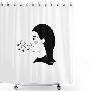 Personality  Woman Speaking With Words, Woman Speech On White Background. Symbol Or Vector Of Female Head With Letters Icon, Woman Talking, Flat Illustration, Modern Vector, Woman Head Front View, Letters Icons Shower Curtains
