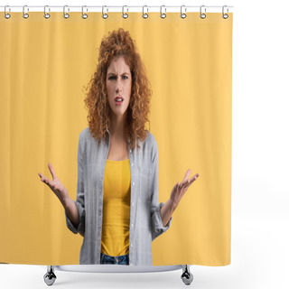 Personality  Worried Redhead Girl With Shrug Gesture, Isolated On Yellow Shower Curtains