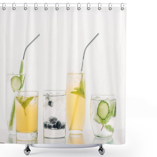 Personality  Refreshing Drinks With Blueberries, Celery, Straws, Mint, Cucumber And Ice Isolated On White Shower Curtains