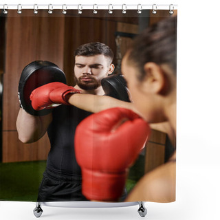 Personality  A Woman In A Black Shirt And Red Boxing Gloves Trains In A Gym. Shower Curtains