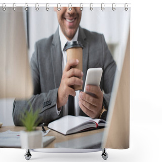 Personality  Cropped View Of Smiling Businessman Chatting On Smartphone While Holding Coffee To Go On Blurred Foreground Shower Curtains