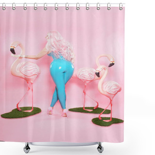Personality  Cute Plump Girl Dressed In A Shiny Blue Latex Swimsuit Posing With A Big Flamingo On A Pink Studio Background Shower Curtains