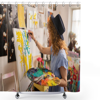 Personality  Curly Red-haired Artist Feeling Inspired While Coloring Picture Shower Curtains