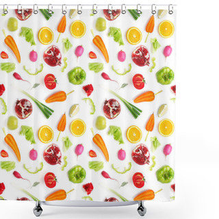 Personality  Vegetable Composition With Parted Carrots, Garnets, Strawberries, Tomatoes, Sliced Peppers, Green Leaves, Oranges, Limes Ana Whole Young Onions, Radishes On White Background  Shower Curtains
