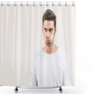Personality  Angry Young Man Blowing Cheeks And Looking At Camera Isolated On Beige Shower Curtains