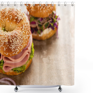 Personality  Selective Focus Of Fresh Delicious Bagel With Sausage On Textured Surface Shower Curtains