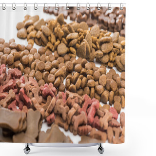Personality  Selective Focus Of Fresh Assorted Dry Pet Food In Lines Isolated On White Shower Curtains