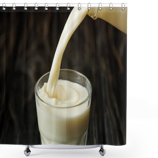 Personality  Milk Pouring Into Glass From Bottle On Black Wooden Surface  Shower Curtains