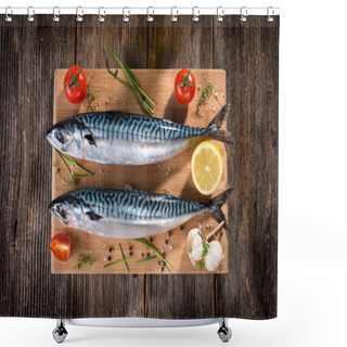 Personality  Fresh Mackerel On Wooden Board Served With Lemon And Herbs Shower Curtains