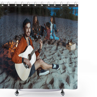 Personality  Musician Playing Guitar On Sandy Beach Shower Curtains