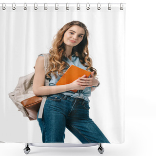 Personality  Beautiful Student Holding Book And Looking At Camera Isolated On White Shower Curtains