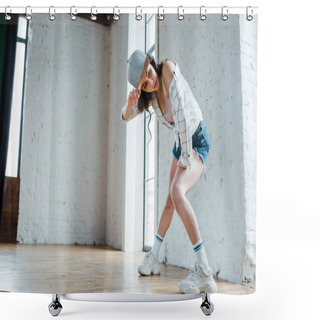 Personality  Attractive Girl Touching Cap While Dancing Hip-hop  Shower Curtains