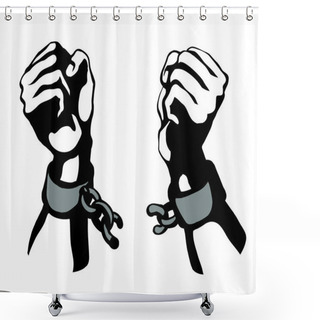 Personality  Hands Tearing Shackles. Vector Drawing Shower Curtains