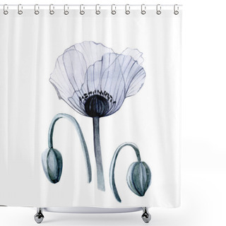 Personality  Watercolor Realistic Drawing Transparent Flower. Transparent Poppy And Poppy Buds Isolated On White Background. Vintage Pattern In Pastel Blue Gray. Design For Weddings, Cards, Invitations. Shower Curtains