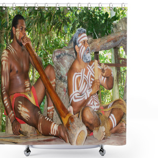 Personality  Aborigine Actors Perform Music With Traditional Instruments In The Tjapukai Culture Park In Kuranda, Queensland, Australia. Shower Curtains