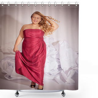 Personality  Portrait Of A Blond Curly Woman With Big Boobs Shower Curtains