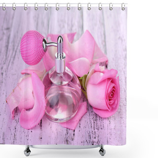 Personality  Perfume Bottle With Roses Petals On Table Close-up Shower Curtains