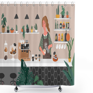 Personality  Coffee Shop Or Cafe Interior Design. Character Of Girl Barista Make Cappuccino Art And Happy Cafe Customer. Scandinavian Style Interior With Houseplants And Handwritten Quote Text. Cartoon Shower Curtains