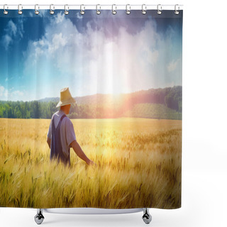 Personality  Farmer Walking Through A Wheat Field Shower Curtains