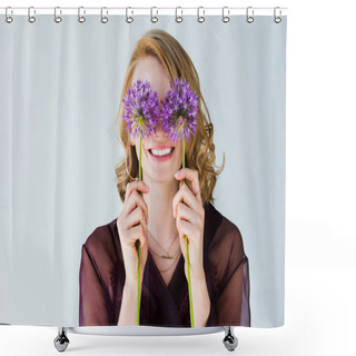 Personality  Beautiful Happy Young Woman Holding Bright Purple Flowers Isolated On Grey Shower Curtains