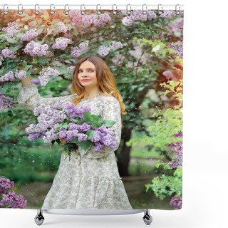Personality  A Tender And Romantic Girl In A Summer Dress With A Bouquet Of Lilacs Is Walking In The Park. Blooming Garden. Fashion And Beauty. Spring Concept. Shower Curtains