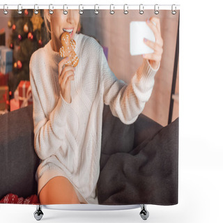 Personality  Young Blonde Woman Posing With Gingerbread Cookie And Taking Selfie On Smartphone At Christmas Time Shower Curtains