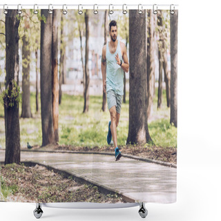 Personality  Handsome Man In Sportswear Running Along Walkway In Sunny Park Shower Curtains
