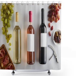 Personality  Top View Of Bottles With White, Rose And Red Wine Near Grape, Corkscrew, Olives And Sliced Prosciutto On Baguette On White Background Shower Curtains