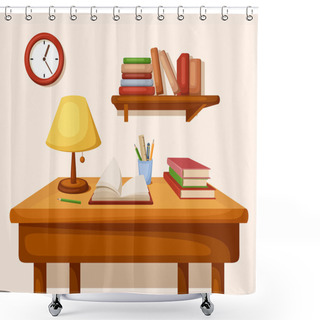 Personality  Table With Books And Lamp On It, Shelf And Clock. Vector Interior. Shower Curtains