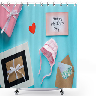 Personality  Top View Of Gift Box, Envelopes And Greeting Cards With Happy Mothers Day Lettering And Baby Hat On Blue Background Shower Curtains