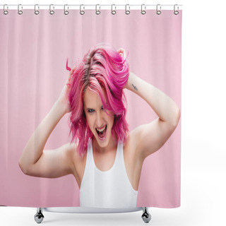 Personality  Excited Young Woman Touching Colorful Hair Isolated On Pink Shower Curtains