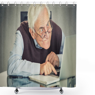 Personality  Elderly Old Man Using Laptop Computer Sitting At Table Shower Curtains