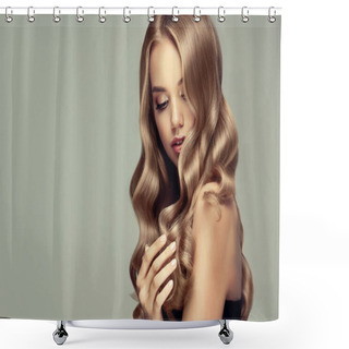 Personality  Laughing Blonde Girl With Long And Shiny Wavy Hair . Beautiful Smiling Woman Model With Curly Hairstyle . Shower Curtains