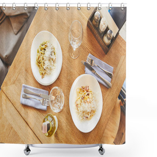 Personality  Dinner With Italian Pasta In Plates Served With Wine Shower Curtains