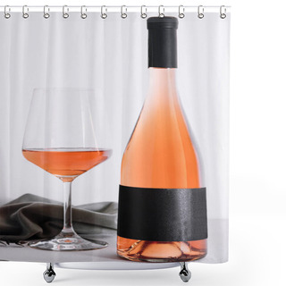 Personality  Glass And Bottle Of Rose Wine On Light Background Shower Curtains