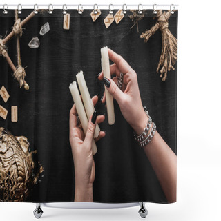 Personality  Top View Of Woman Holding Candles Near Skull, Runes, Voodoo Doll And Crystals On Black  Shower Curtains
