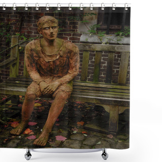 Personality  Human Wooden Sculpture Sitting On A Bench In The Forest Shower Curtains