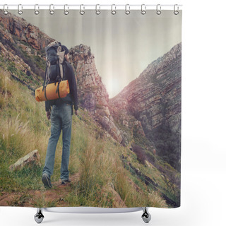 Personality  Man Hiking Wilderness Mountain With Backpack Shower Curtains