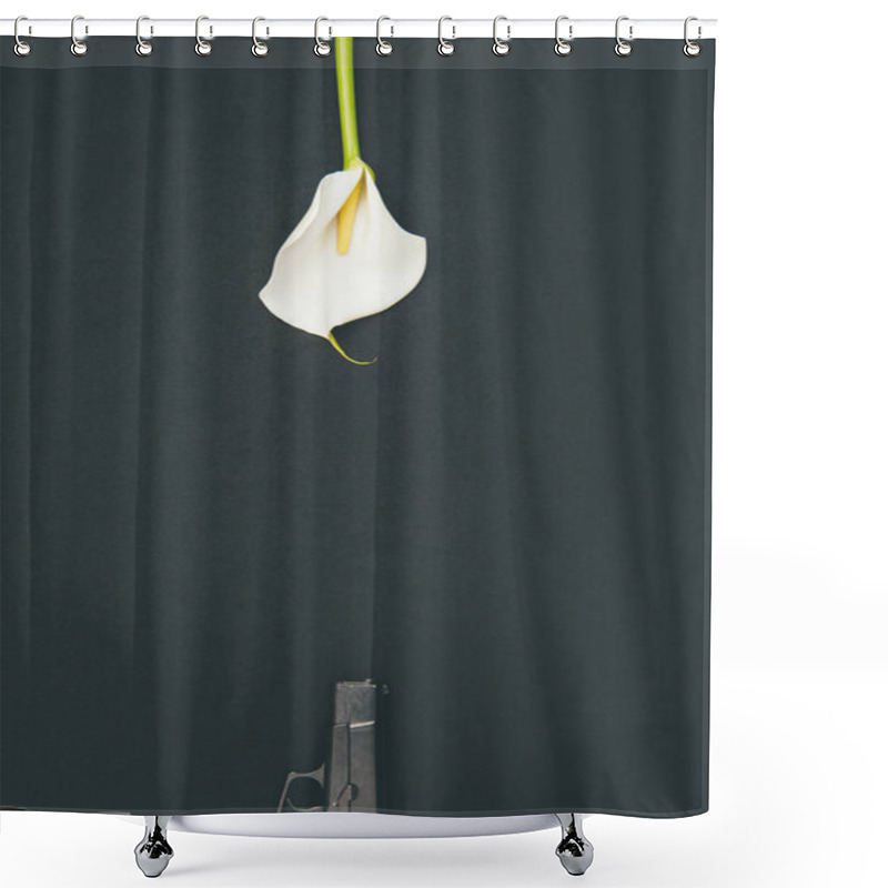 Personality  Gun With White Calla Flower Isolated On Black Shower Curtains