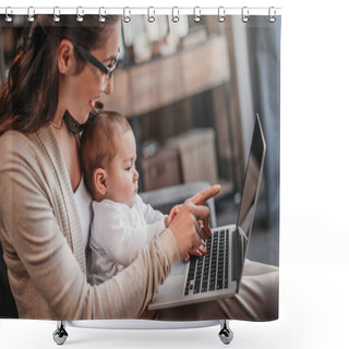 Personality  Mother With Her Son Using Laptop Shower Curtains