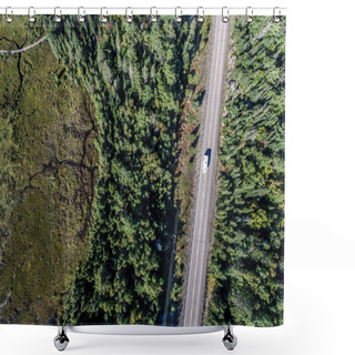 Personality  Beautiful Canada Camper Bus Driving On Road Endless Pine Tree Forest With Lakes Moor Land Aerial View Travel Background Shower Curtains