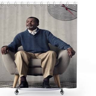 Personality  Handsome African American Man Sitting In Armchair With Big Clock On Wall Shower Curtains