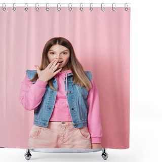 Personality  Excited Teenage Girl Looking At Camera On Pink Background Shower Curtains