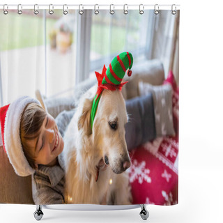 Personality  Boy And His Dog Enjoying Christmas Together At Home  Shower Curtains