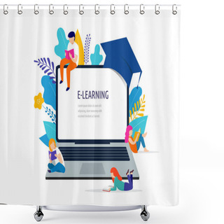Personality  E-learning Concept Illustration. Big Laptop With A Square Academic Cap Shower Curtains