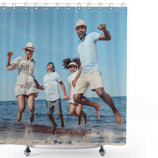 Personality  Young Happy African American Family Holding Hands And Jumping On Beach On Sunny Day Shower Curtains
