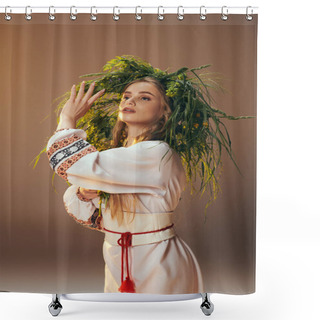Personality  A Young Mavka Wearing A Traditional Outfit Adorned With An Ornate Floral Wreath, Exuding A Fairy And Fantasy-like Aura In A Studio Setting. Shower Curtains