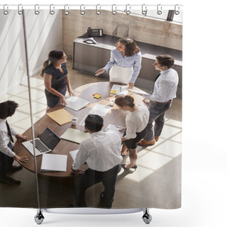 Personality  Female Manager In Team Meeting, Elevated View Through Window Shower Curtains