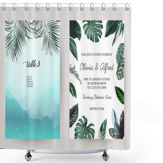 Personality  Teal Blue Watercolor And Tropical Leaves Vector Design Cards. Shower Curtains